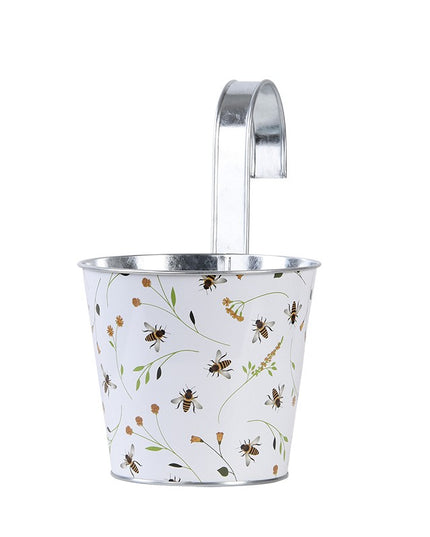 Bee Print Round Zinc Flower Pot With Hook