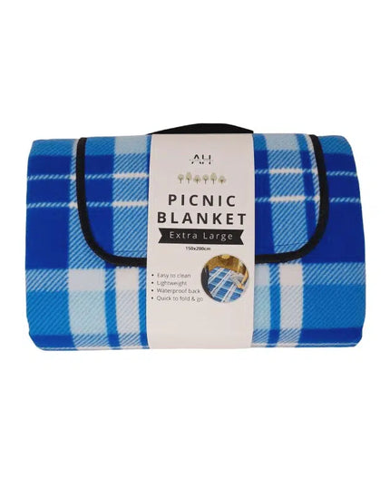Waterproof Backed Blue Check Picnic Blanket