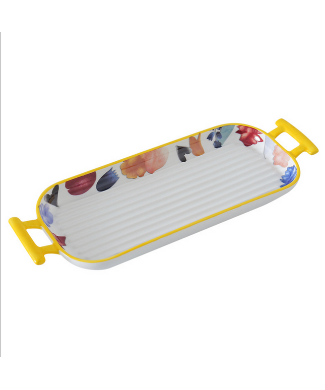 Long Floral Ceramic Baking & Serving Dish with Yellow Handles