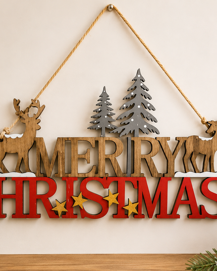 Wooden Merry Christmas Sign – Reindeer & Winter Forest Hanging Decoration 41cm