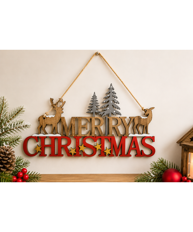 Wooden Merry Christmas Sign – Reindeer & Winter Forest Hanging Decoration 41cm