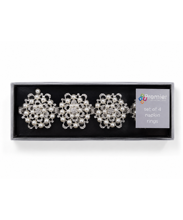 Set of 4 Pearl & Diamante Napkin Rings – Silver Christmas Table Decorations
