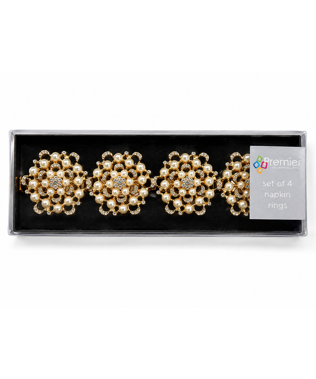 Set of 4 Gold Pearl & Diamante Napkin Rings – Luxury Table Decorations
