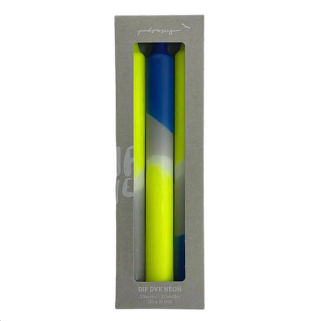 Pink Stories Dip Dye Neon Dinner Candles – Neon Yellow, Blue & Grey – Set of 3