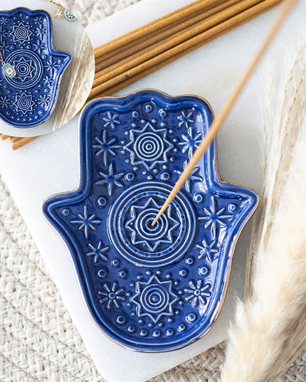 Dark Blue Hand of Hamsa Incense Holder and Trinket Dish