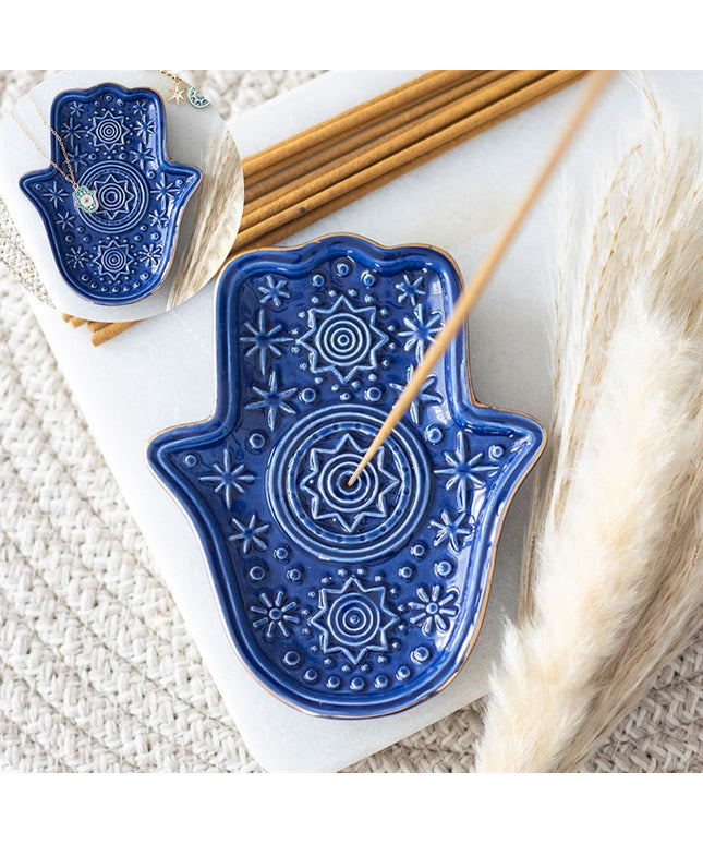 Dark Blue Hand of Hamsa Incense Holder and Trinket Dish