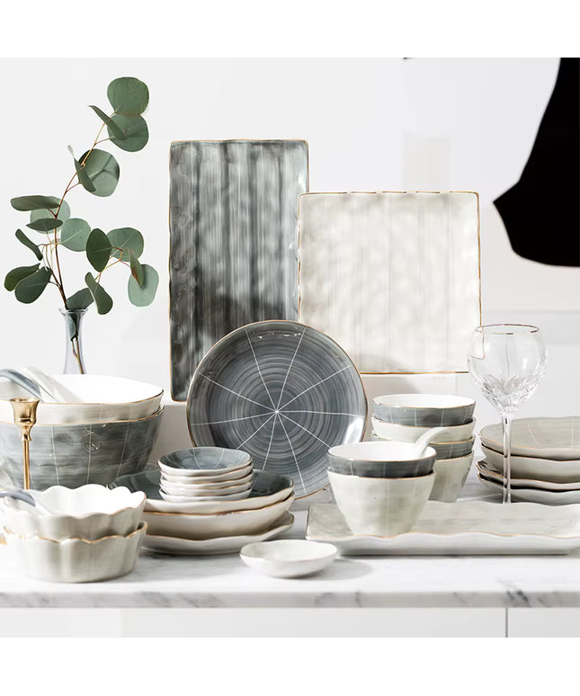 Nordic Grey Ceramic Soup Bowl – 8 Inch with Gold Rim