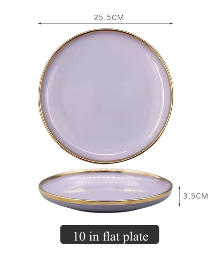 Ceramic Purple Dinner Plate with Gold Rim – Elegant Flat Serving Plate