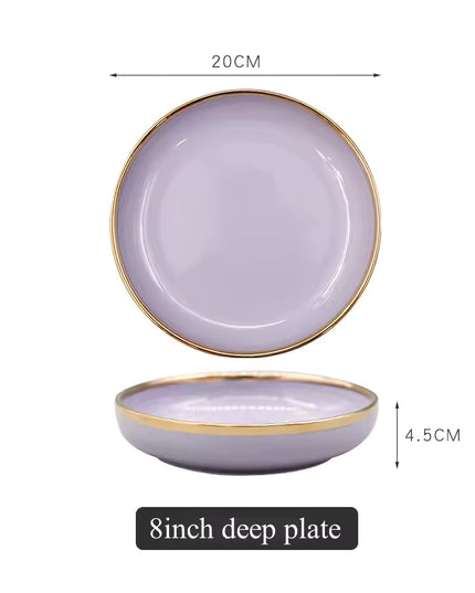 Ceramic Purple Dinner Plate with Gold Rim – Elegant Flat Serving Plate