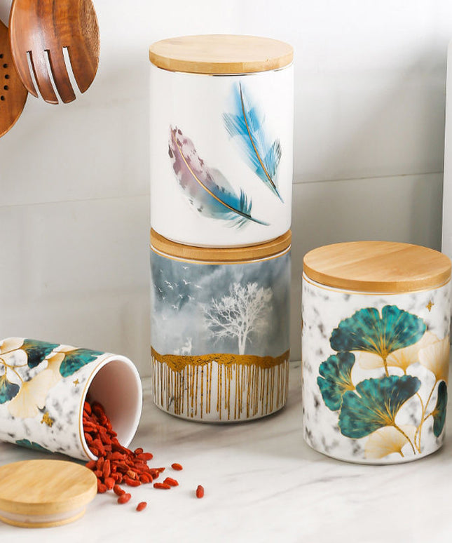 Ceramic Storage Canister with Wooden Lid – Decorative Kitchen Jar