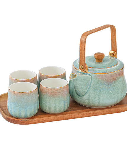 Ceramic Teapot Set with 4 Cups, Wooden Tray & Stainless Steel Infuser – Nordic Style Tea Set
