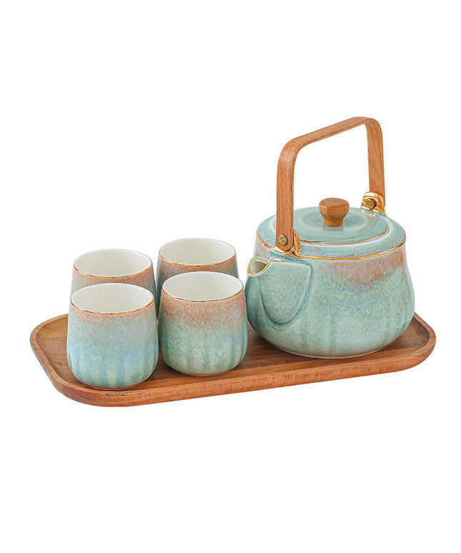 Ceramic Teapot Set with 4 Cups, Wooden Tray & Stainless Steel Infuser – Nordic Style Tea Set