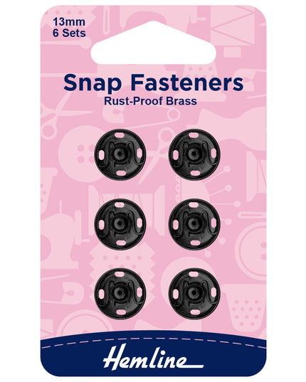 Snap Fasteners: Sew-on: Black: 13mm: Pack of 6