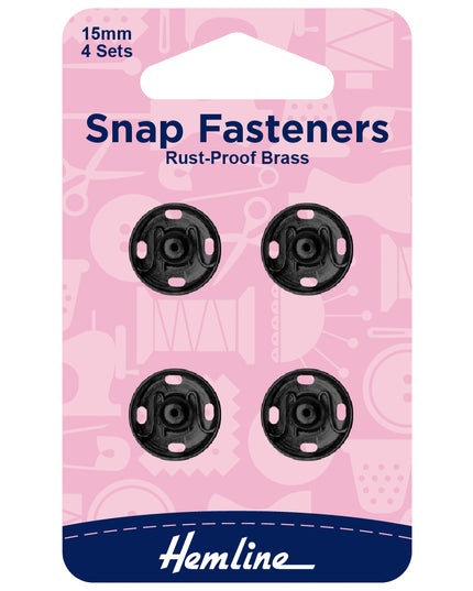 Snap Fasteners: Sew-on: Black: 15mm: Pack of 4