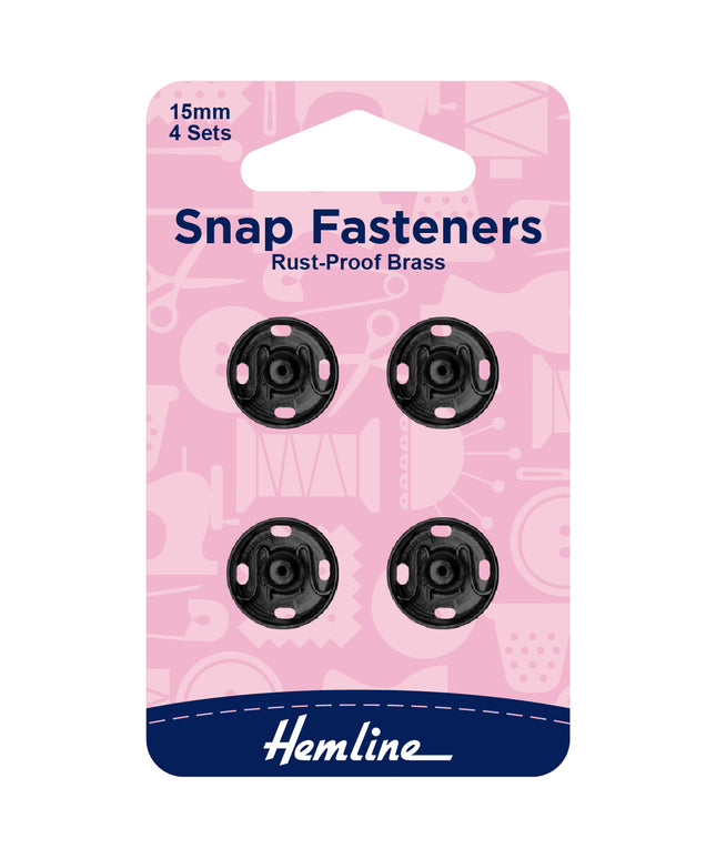 Snap Fasteners: Sew-on: Black: 15mm: Pack of 4