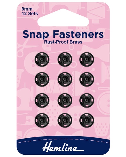 Snap Fasteners: Sew-on: Black: 9mm: Pack of 12