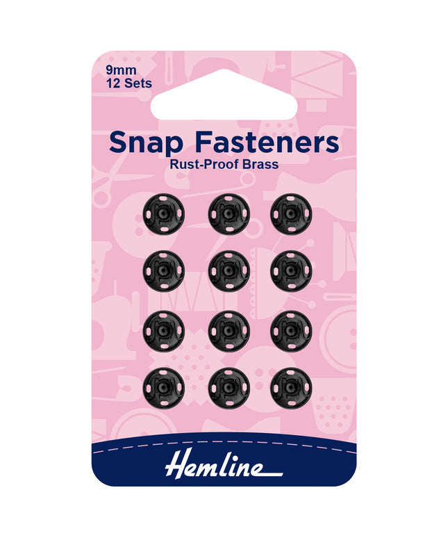 Snap Fasteners: Sew-on: Black: 9mm: Pack of 12
