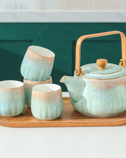 Ceramic Teapot Set with 4 Cups, Wooden Tray & Stainless Steel Infuser – Nordic Style Tea Set