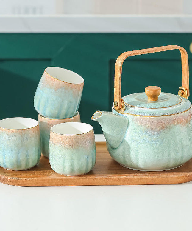 Ceramic Teapot Set with 4 Cups, Wooden Tray & Stainless Steel Infuser – Nordic Style Tea Set