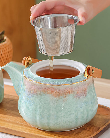 Ceramic Teapot Set with 4 Cups, Wooden Tray & Stainless Steel Infuser – Nordic Style Tea Set