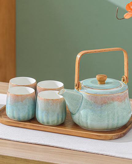 Ceramic Teapot Set with 4 Cups, Wooden Tray & Stainless Steel Infuser – Nordic Style Tea Set