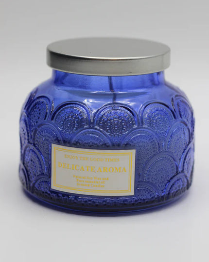 Delicate Aroma Blue Embossed Glass Soy Wax Scented Candle Jar w/ Lid