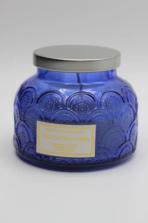 Delicate Aroma Blue Embossed Glass Soy Wax Scented Candle Jar w/ Lid