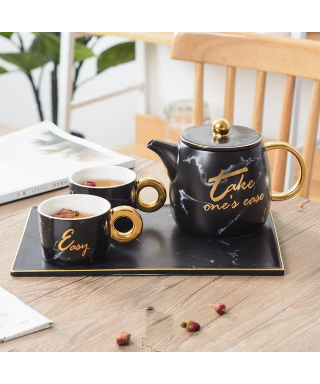 Black Marble Effect Bone China Teapot & 2 Cup Tea Set with Gold Handle