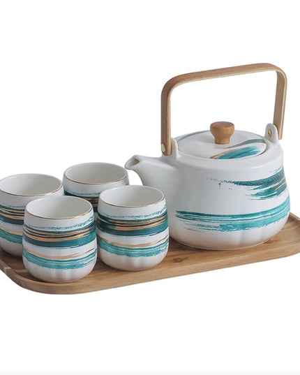 Ceramic Teapot Set with 4 Cups & Bamboo Tray – Modern Tea Set