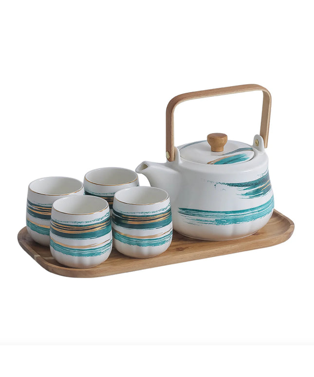 Ceramic Teapot Set with 4 Cups & Bamboo Tray – Modern Tea Set