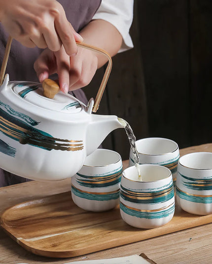 Ceramic Teapot Set with 4 Cups & Bamboo Tray – Modern Tea Set