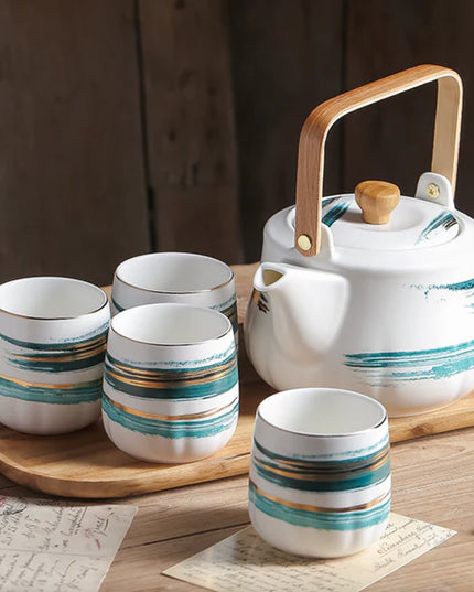 Ceramic Teapot Set with 4 Cups & Bamboo Tray – Modern Tea Set