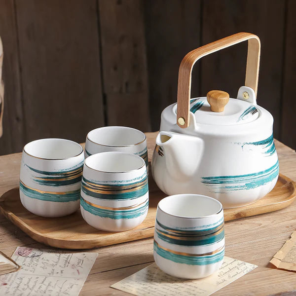 Ceramic Teapot Set with 4 Cups & Bamboo Tray – Modern Tea Set
