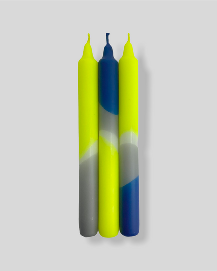 Pink Stories Dip Dye Neon Dinner Candles – Neon Yellow, Blue & Grey – Set of 3