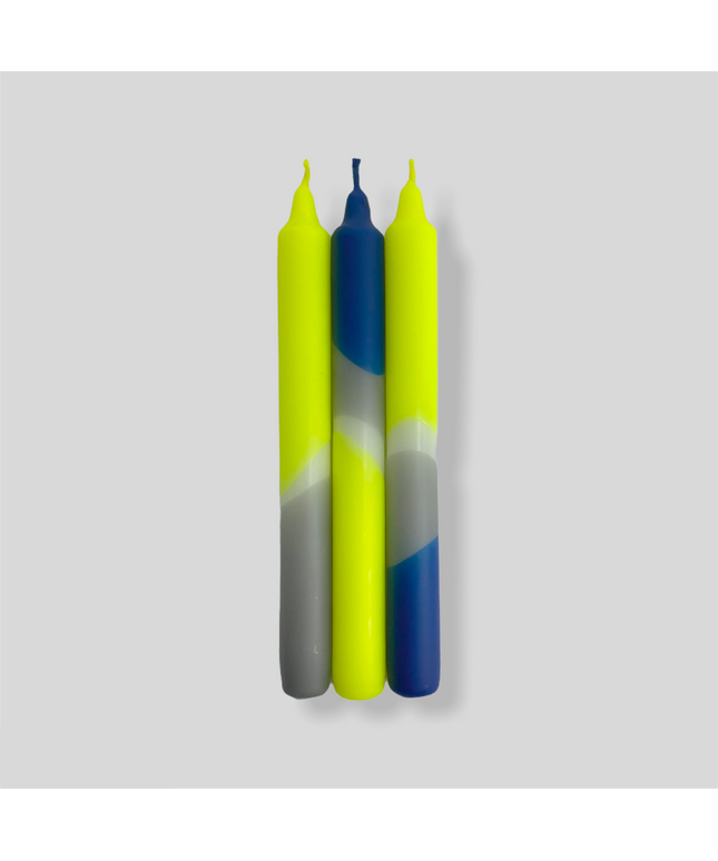 Pink Stories Dip Dye Neon Dinner Candles – Neon Yellow, Blue & Grey – Set of 3