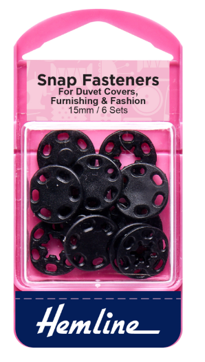 Snap Fasteners: Sew-on: Black (Plastic): 15mm: Pack of 6