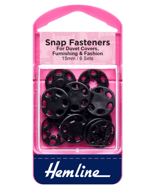Snap Fasteners: Sew-on: Black (Plastic): 15mm: Pack of 6