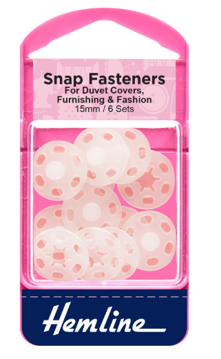 Snap Fasteners: Sew-on: Clear (Plastic): 15mm: Pack of 6