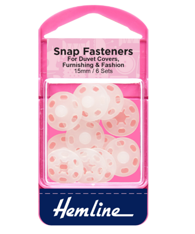 Snap Fasteners: Sew-on: Clear (Plastic): 15mm: Pack of 6