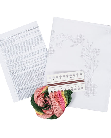 Printed Cross Stitch Kit: Table Runner: Daisy Flowers