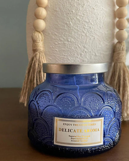 Delicate Aroma Blue Embossed Glass Soy Wax Scented Candle Jar w/ Lid