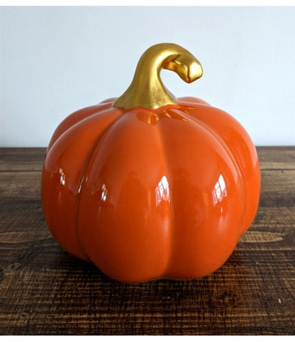 Large Ceramic Pumpkin With Gold Stalk 14cm - Orange