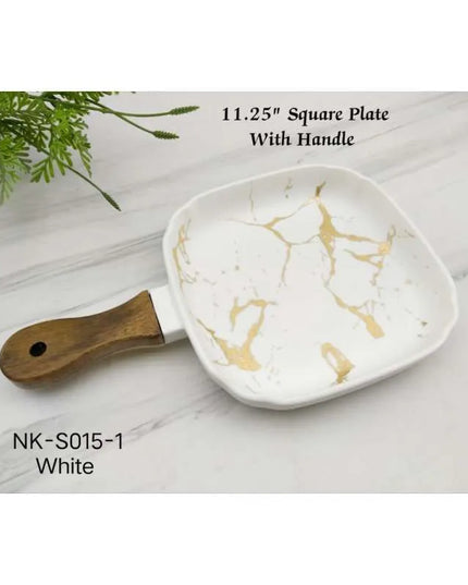 White Marble Effect Square Serving Plate with Wooden Handle – 11.25" Ceramic Serving Board