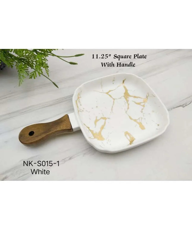 White Marble Effect Square Serving Plate with Wooden Handle – 11.25" Ceramic Serving Board