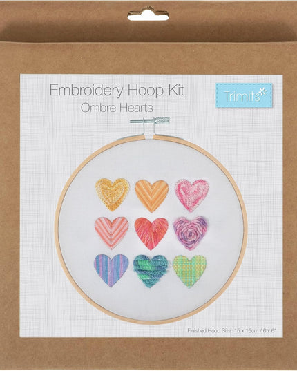 Trimits Embroidery Hoop Kits - 15cm 6” Beginner Starter Set, Includes Bamboo Hoop Threads Cloth Needle Backing & Instructions, Ombre Hearts