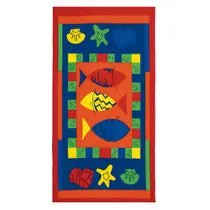 Bright Ocean Theme Towel – Fish, Shell & Starfish Pattern (Blue/Red)