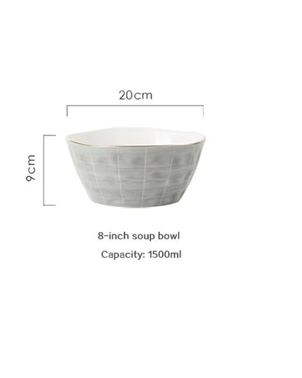Nordic Grey Ceramic Soup Bowl – 8 Inch with Gold Rim