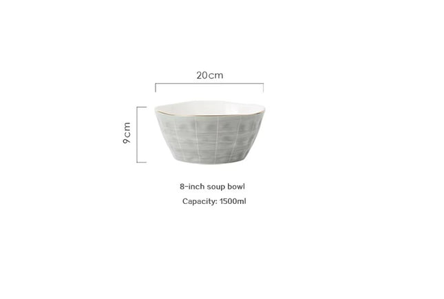 Nordic Grey Ceramic Soup Bowl – 8 Inch with Gold Rim