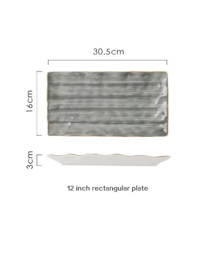 Nordic Grey Rectangular Ceramic Serving Plate – 12 Inch with Gold Rim