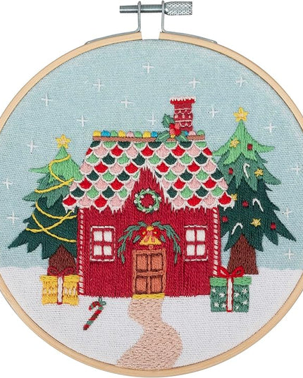 Trimits Embroidery Hoop Kits - 15cm 6” Beginner Starter Set, Includes Bamboo Hoop Threads Cloth Needle Backing & Instructions, Christmas Cottage